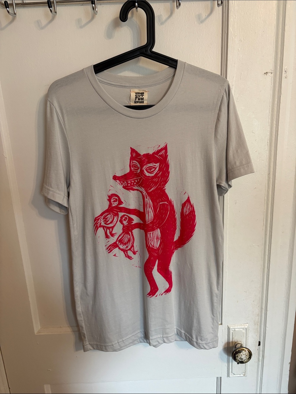 Artisan Woodblock Printed Tee with Red Fox - by Woodcut Funhouse